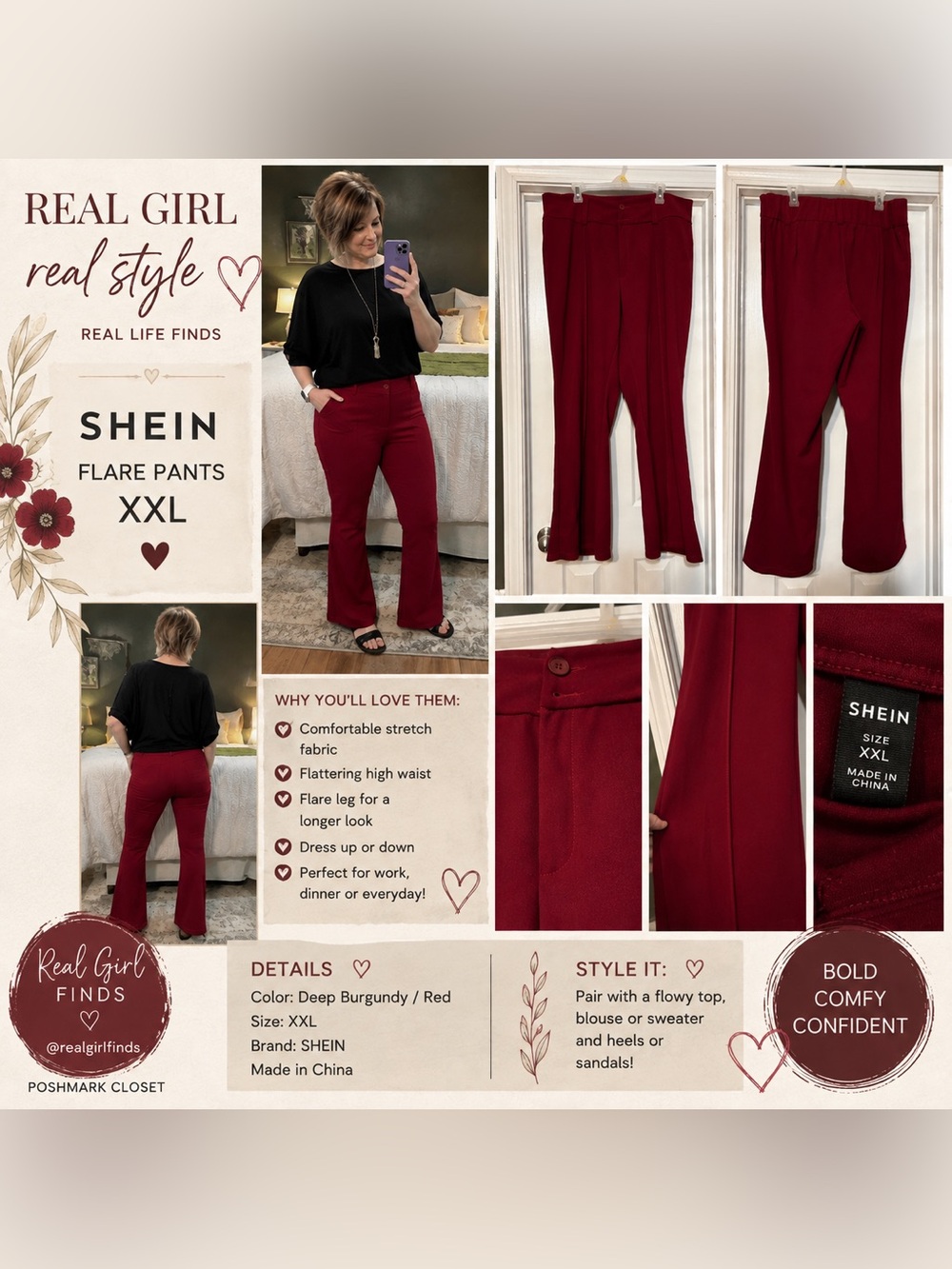 SHEIN Deep Burgundy Flared High-Waist Pants